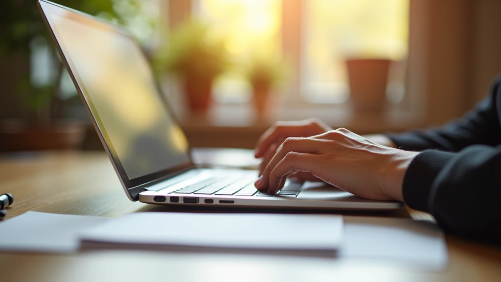 Close-up of hands on keyboard with notebook and pen nearby, warm desk lighting, professional workspace setting