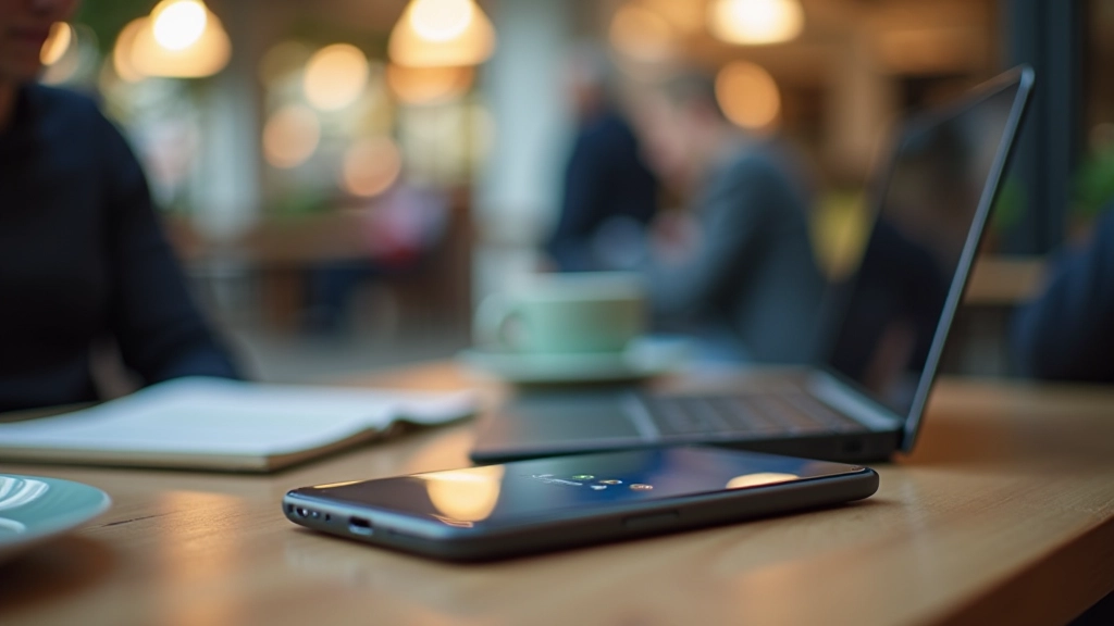 Mobile phone and laptop on public cafe table showing WiFi security settings
