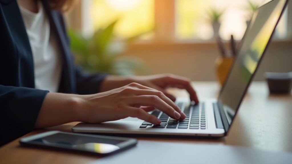 Person typing strong password into laptop keyboard with focus on hands and keyboard keys