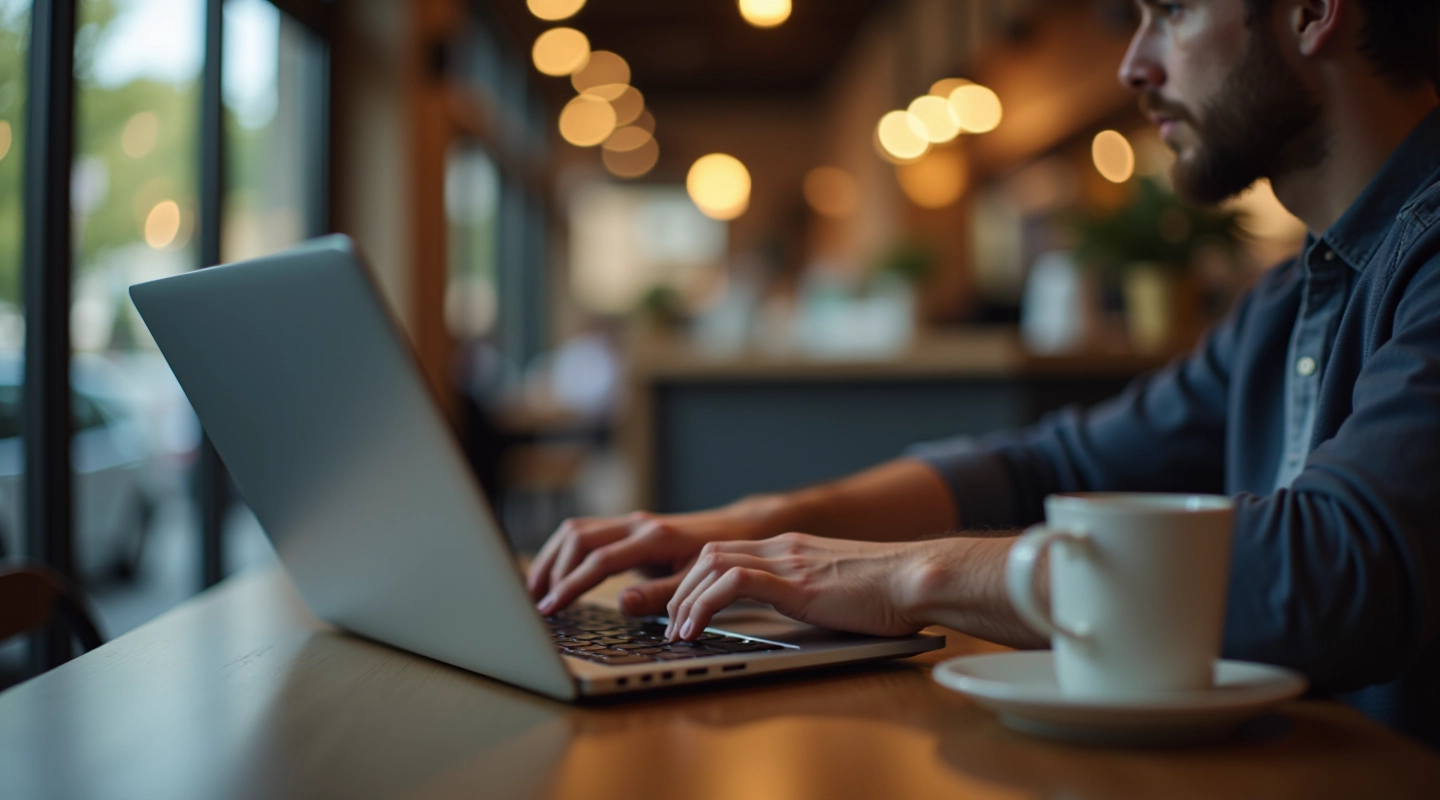 Person using laptop at coffee shop with secure WiFi connection