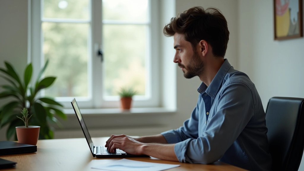 Person at desk working on laptop with VPN app visible on screen and security indicators shown